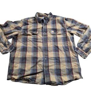 Carhartt Shirt Mens Large Beige Gray Button Up Plaid Long Sleeve Camp Hike